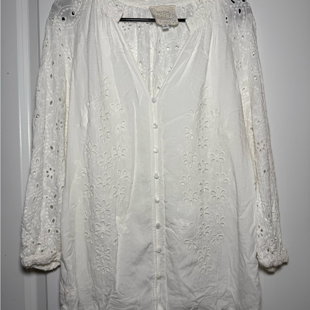 Johnny Was Cream Eyelet Button-Up Blouse